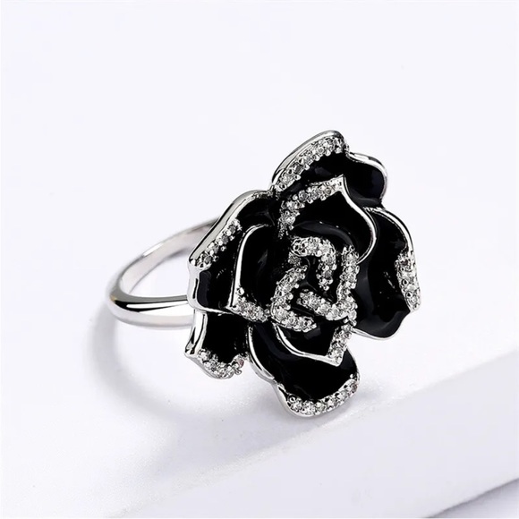 New Sterling Silver Onyx White Sapphire Rose Ring - Picture 4 of 7